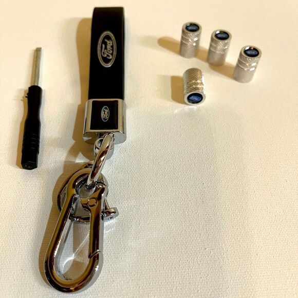 Ford logo fob Keychain black leather and set of 4 valve Stem caps silver NWT - Picture 1 of 6